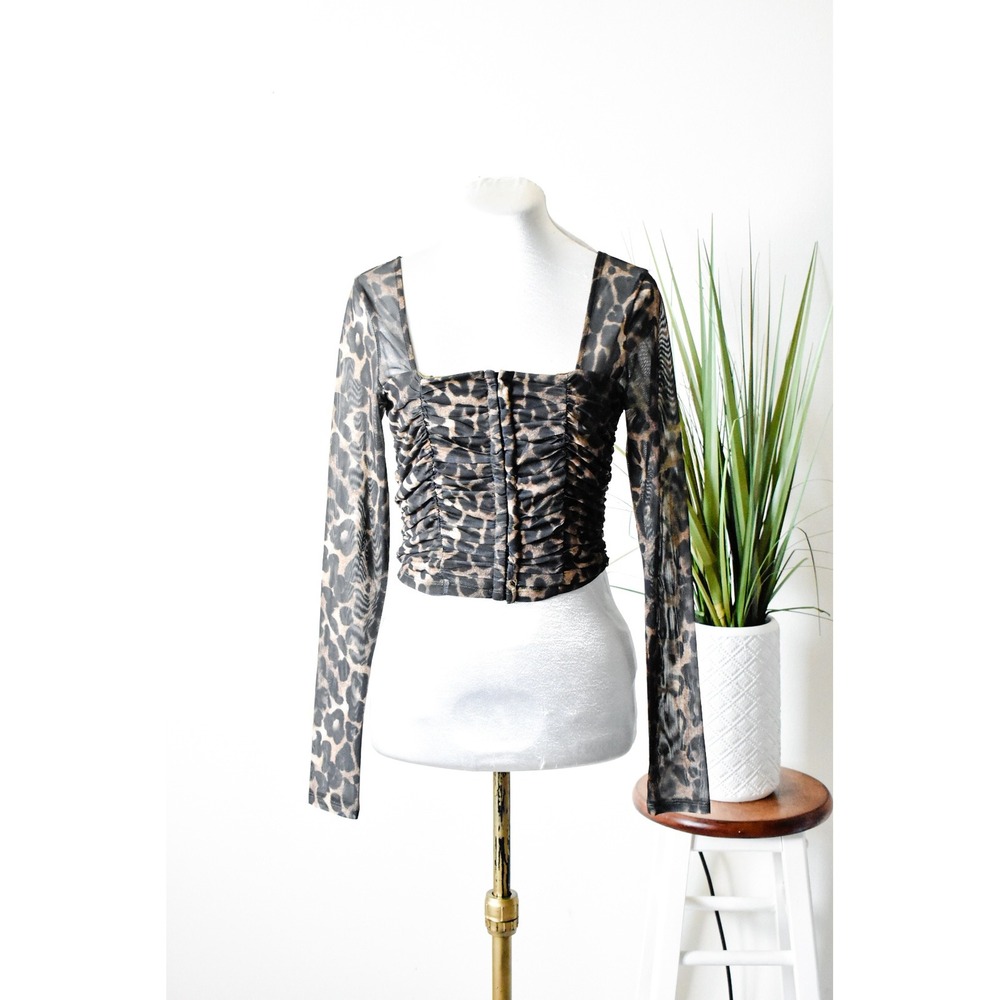Forever 21 Mesh Top Women Small Brown Leopard Print Y2K Ruched Hook & Eye Crop